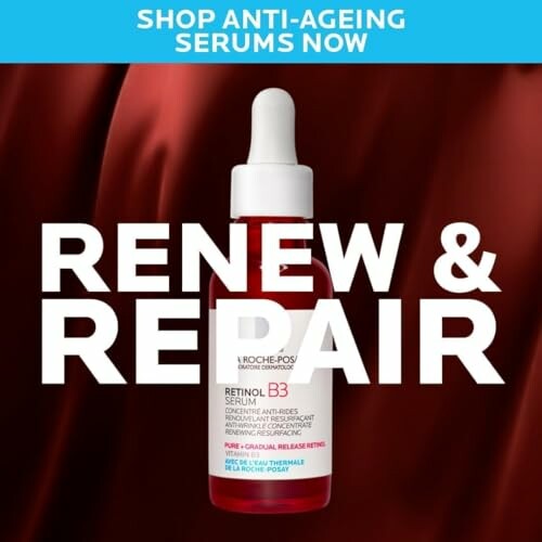 Advertisement for anti-ageing serums featuring a Retinol B3 serum bottle