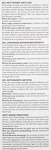 Instructions for anti-aging gel cleanser in multiple languages.