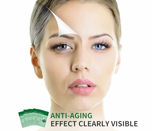 Split face showing anti-aging effect with product packaging.