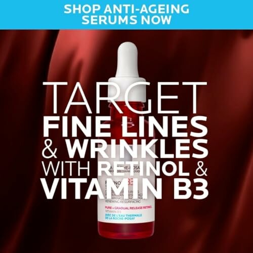 Advertisement for anti-ageing serums featuring a red serum bottle.