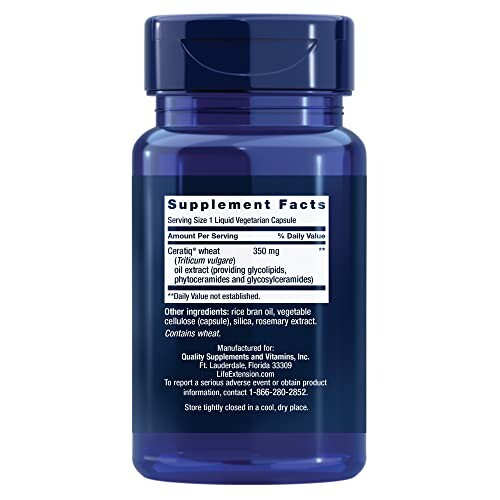 Blue supplement bottle with nutrition label on back