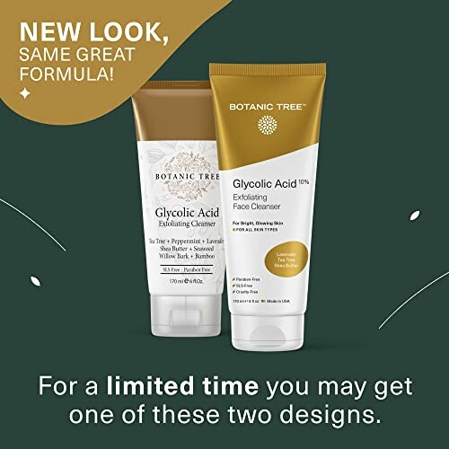 Two Botanic Tree Glycolic Acid Exfoliating Cleansers with promotional text.