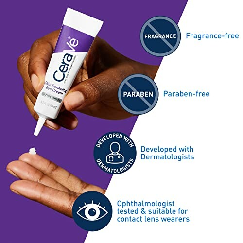 CeraVe Eye Cream with benefits: fragrance-free, paraben-free, developed with dermatologists, ophthalmologist tested.