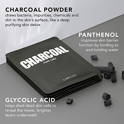 Charcoal powder face mask with benefits of charcoal, panthenol, and glycolic acid.