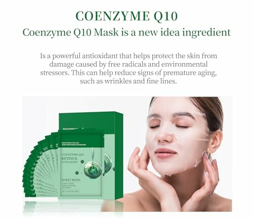 Woman applying Coenzyme Q10 face mask for skin protection and anti-aging.