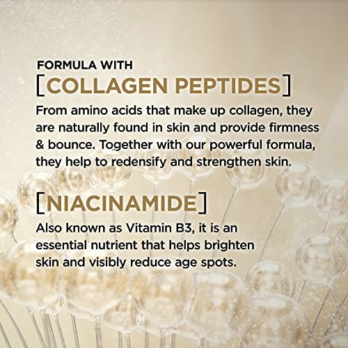 Image highlighting benefits of collagen peptides and niacinamide for skin.