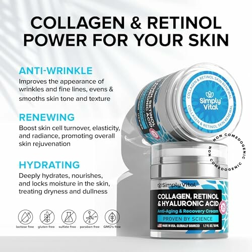 Collagen and Retinol skincare cream for anti-wrinkle, renewing, and hydrating benefits.