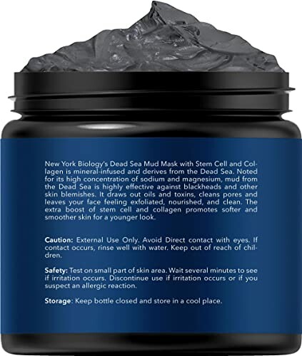 Back label of Dead Sea Mud Mask container with product details and usage instructions.