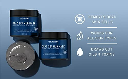 Dead Sea Mud Mask jars with benefits listed: removes dead skin cells, works for all skin types, draws out oils and toxins.