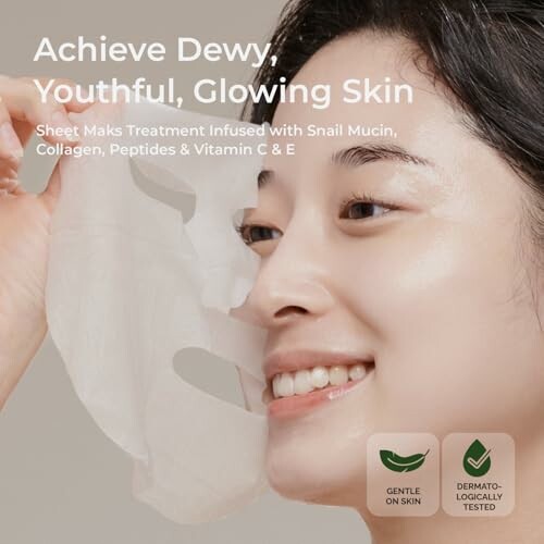 Woman applying a sheet mask for dewy, youthful skin.