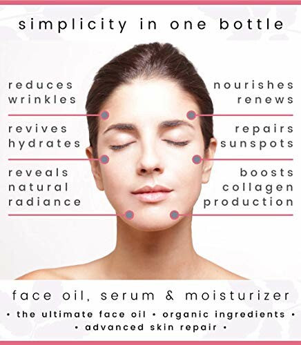 Woman with highlighted skincare benefits of face oil, serum, and moisturizer.