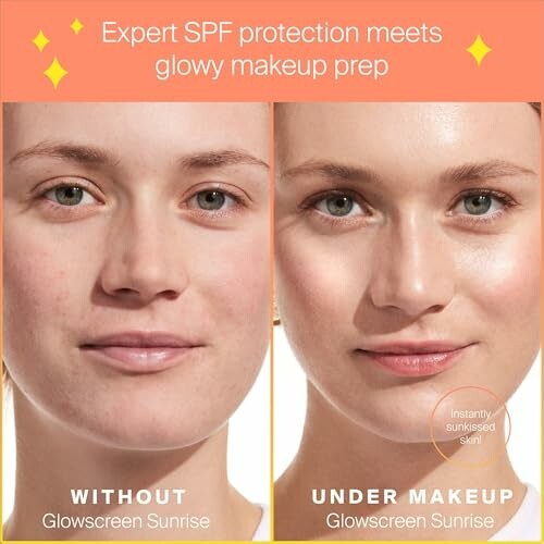 Comparison of face without and with Glowscreen Sunrise showing SPF protection and glowy makeup effect.