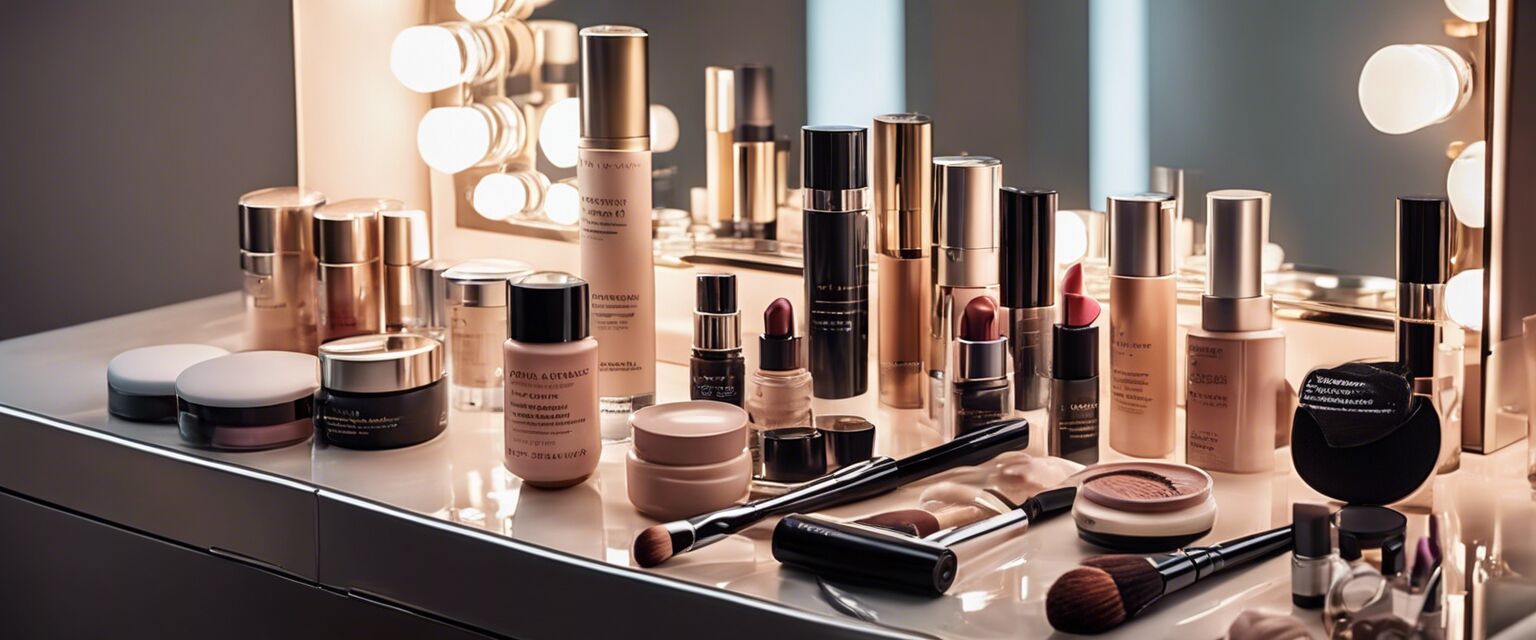 Anti-aging makeup products displayed on a vanity