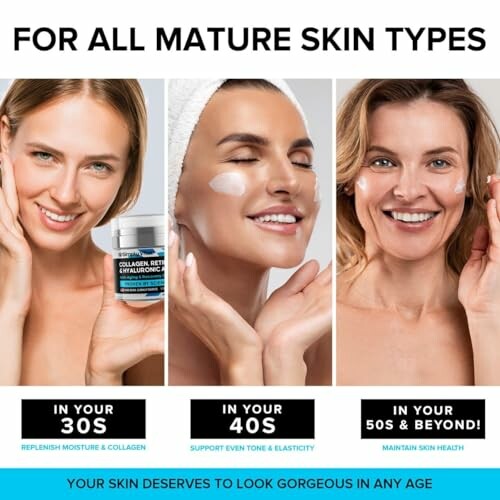Advertisement for skin care products for different age groups: 30s, 40s, 50s and beyond.