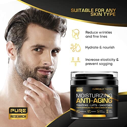 Man using moisturizing anti-aging cream by Pure Research, suitable for all skin types.