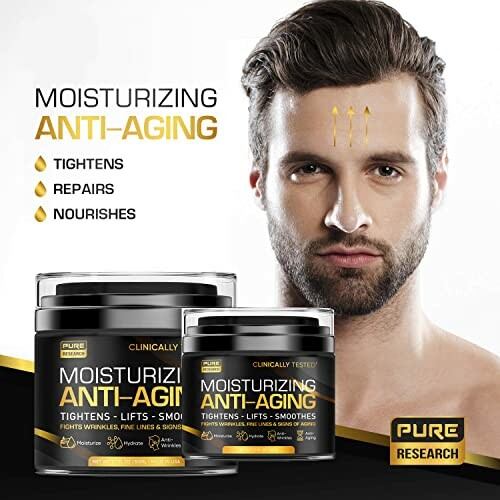 Moisturizing anti-aging cream advertisement with product jars and face illustration.