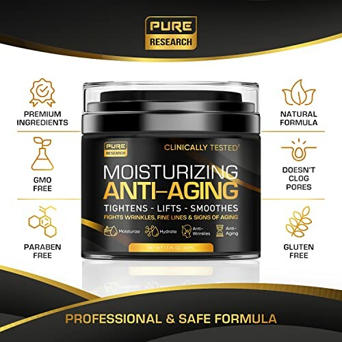 Moisturizing anti-aging cream by Pure Research with benefits such as tightening, lifting, and smoothing.