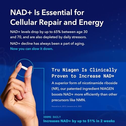 NAD+ supplement information promoting Tru Niagen for cellular repair and energy.