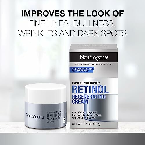 Neutrogena Retinol Regenerating Cream packaging with text about improving fine lines, dullness, wrinkles, and dark spots.
