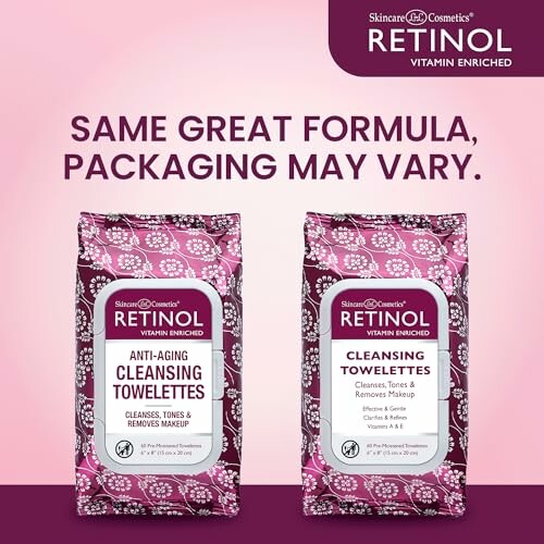 Two packs of Retinol cleansing towelettes with a note on packaging variation.