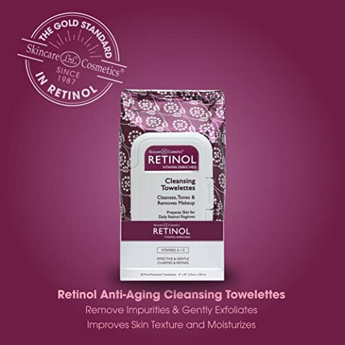 Retinol anti-aging cleansing towelettes packaging with benefits listed.