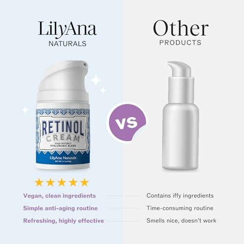 Comparison between LilyAna Naturals Retinol Cream and other products, highlighting benefits of vegan and clean ingredients versus iffy ingredients.