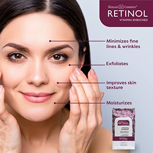 Woman applying Skincare LdeL Cosmetics Retinol with benefits listed: minimizes fine lines and wrinkles, exfoliates, improves skin texture, moisturizes.