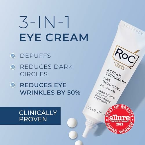 Advertisement for RoC 3-in-1 Eye Cream with benefits listed.