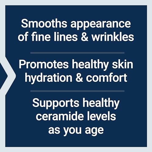 Text about skin care benefits including smoothing wrinkles, promoting hydration, and supporting ceramide levels.