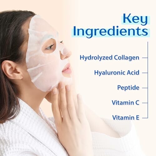 Woman wearing a sheet mask with list of key skincare ingredients.