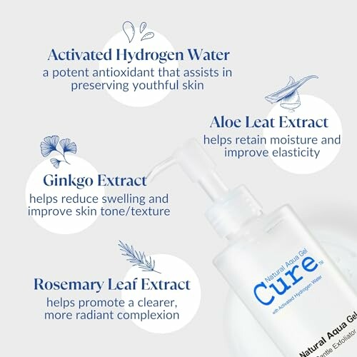 Skincare gel ingredients: activated hydrogen water, aloe leaf extract, ginkgo extract, rosemary leaf extract.
