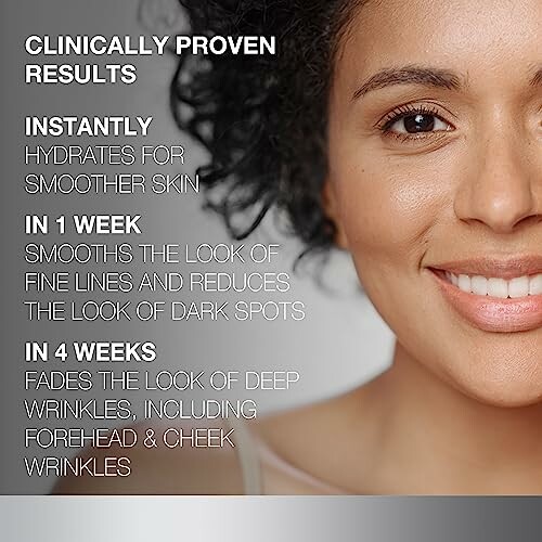 Smiling woman with text about skincare results: hydrates instantly, smooths fine lines and dark spots in 1 week, fades deep wrinkles in 4 weeks.