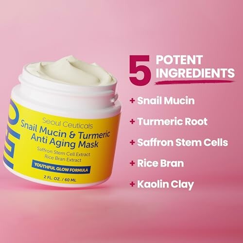Snail Mucin and Turmeric Anti Aging Mask with five potent ingredients listed.
