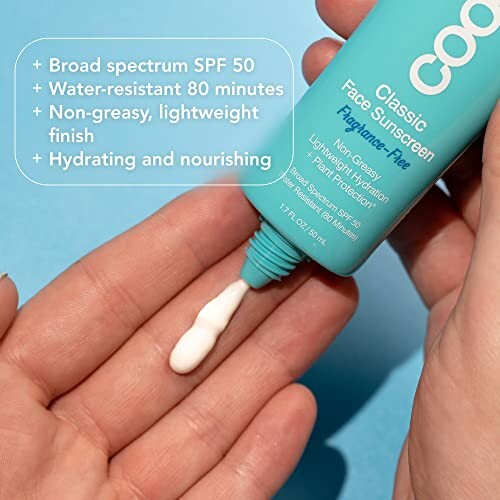 Sunscreen being applied to a hand from a tube, with benefits listed.