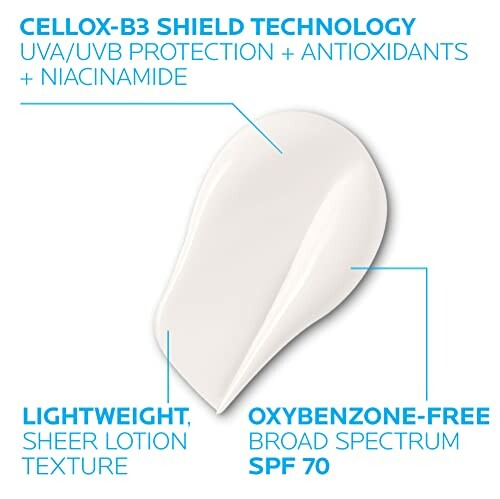 Sunscreen with SPF 70 featuring Cellox-B3 shield technology, UVA/UVB protection, antioxidants, and niacinamide.