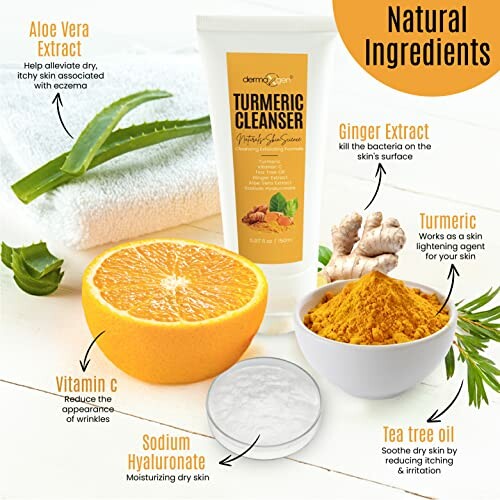 Turmeric cleanser with natural ingredients like aloe vera, ginger extract, turmeric, orange, vitamin C, sodium hyaluronate, and tea tree oil.