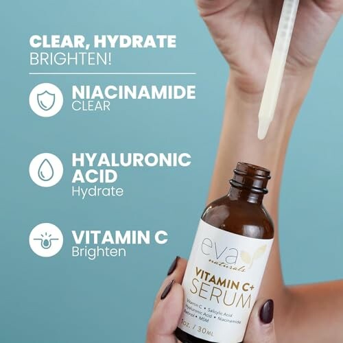 Hand holding vitamin C serum bottle with dropper, highlighting niacinamide, hyaluronic acid, and vitamin C benefits.