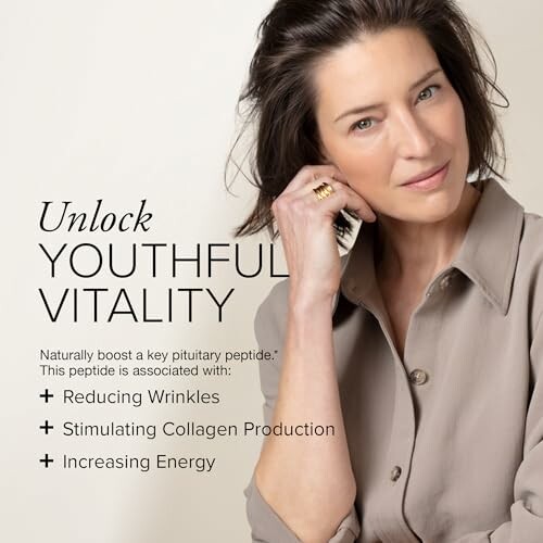 Woman promoting benefits of peptide for youthful vitality including reducing wrinkles, stimulating collagen production, and increasing energy.